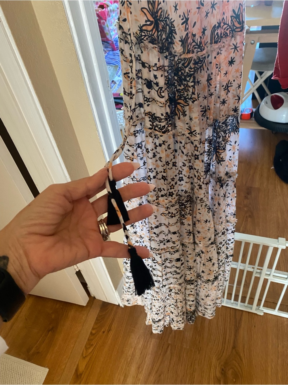 Poupette St. Barth White Maxi Skirt with Black & Cream Floral Print